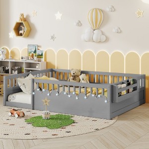 JUJABU Full Wood Floor Bed Frame with High Rails, Built-In Light & Storage Shelf for Kids - 1 of 4