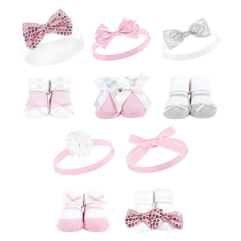 Hudson Baby Infant Girl 12Pc Headband and Socks Set, Pink Gray Pink Sequin, 0-9 Months, 1 of 4