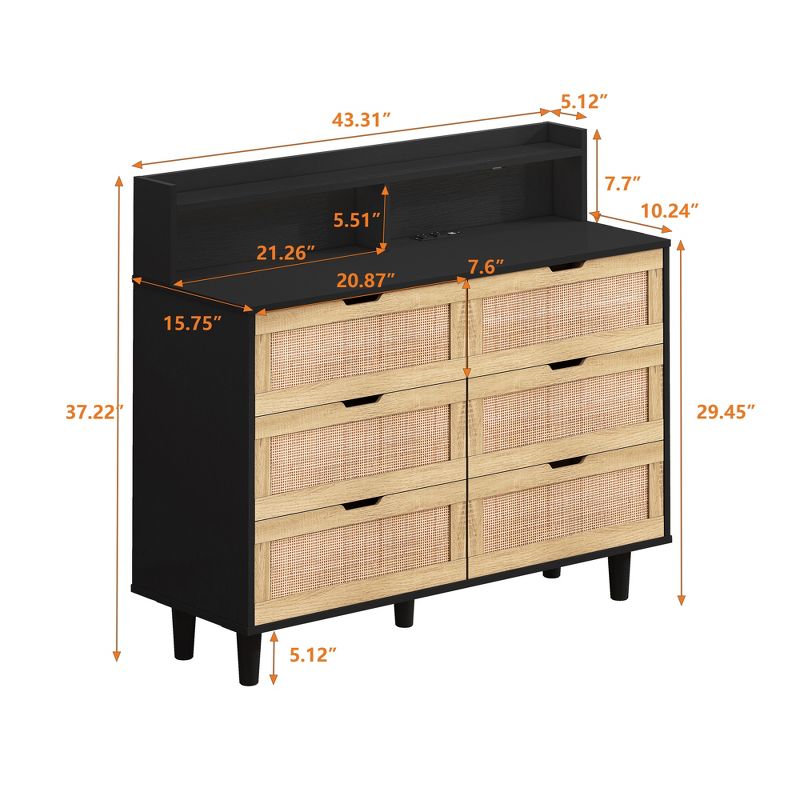 43.31" 6-Drawers Rattan Dresser, Storage Cabinet with LED Lights and Power Outle 4M - ModernLuxe, 3 of 9