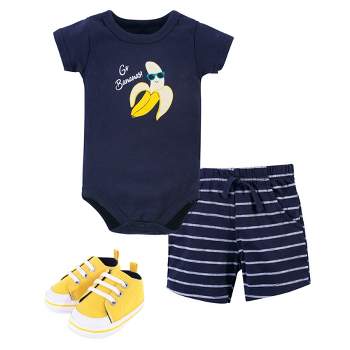 Hudson Baby Infant Boy Cotton Bodysuit, Shorts and Shoe 3pc Set, Go Bananas
