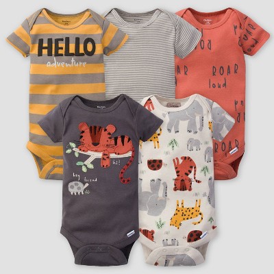 Image of Gerber Baby Boys' 5pk Safari Short Sleeve Onesies - Orange/Gray 0-3M