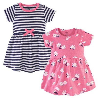 Image of Hudson Baby Infant and Toddler Girl Cotton Short-Sleeve Dresses 2pk, Pink Daisy, 6-9 Months