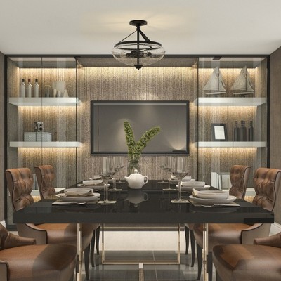 Industrial Black Iron and Seeded Glass 3-Light Ceiling Fixture