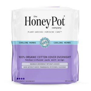 The Honey Pot Company 100% Organic Cotton Cover Cooling Herbal Infusion Overnight Pads - 12ct - 1 of 4
