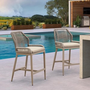 PURPLE LEAF Patio Sunbrella Bar Stools Set of 2 Handwoven Wicker Bar Height Stool Modern Aluminum Outdoor Wicker Barstools with Back and Cushion - 1 of 4