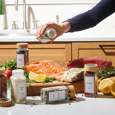 Clear Glass Spice Jars with Bamboo Lids and Labels Set
