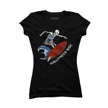 Junior's Design By Humans Halloween Surfing Zombie Skeleton Funny Costume t shirt By graceandfinn T-Shirt