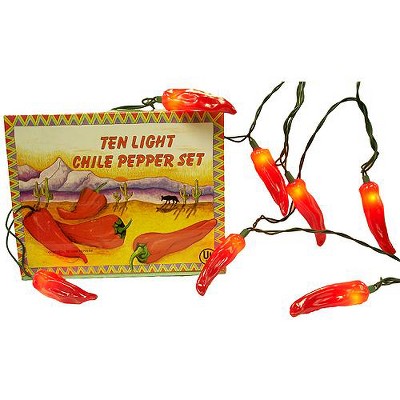 Kurt S. Adler Set of 10 Spicy Red Hot Chile Pepper Novelty Christmas Lights - Green Wire