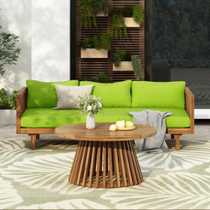 Christopher Knight Home Panfilo Acacia Wood Upholstered 3 Seater Daybed with Coffee Table - 1 of 4