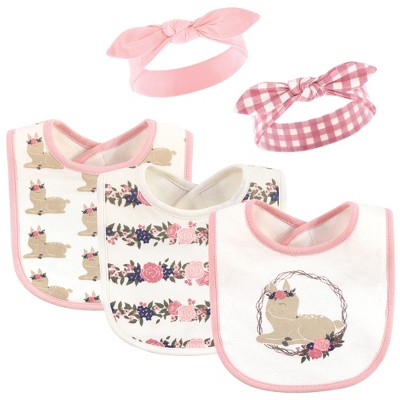 Hudson Baby Infant Girl Cotton Bib and Headband Set 5pk, Fawn, One Size