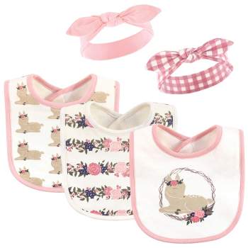 Hudson Baby Infant Girl Cotton Bib and Headband Set 5pk, Fawn, One Size
