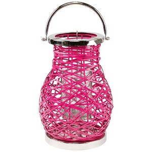 Northlight Woven Iron Pillar Candle Lantern with Glass Hurricane - 13.5" - Fuchsia Pink - 1 of 4