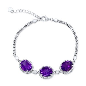 Simona Sterling Silver, White Topaz Border, Oval Gemstone Bracelet - Amethyst (10.31cttw) - Purple - 7+1 Inch - 1 of 2
