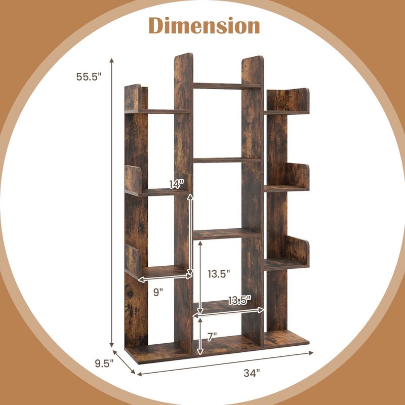 Costway 1/2 PCS Bookshelf Tree-Shaped Bookcase with 13 Storage Shelf Rustic Industrial Style Rustic Brown, 3 of 11