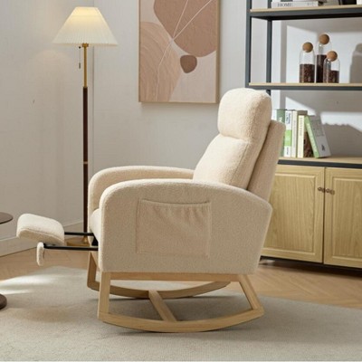 Image of Modern Accent Rocking Chair Rocking Chair with Solid Wood Legs Upholstered Nursery Glider Rocker Living Room Lounge Arm Chair  High Backrest Teddy