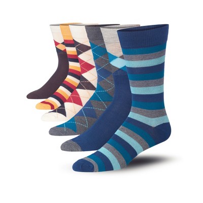 JAMES FIALLO Mens 6 Pairs Funky Sophisticated Shade Argyle Striped Colorful Patterned Crew Dress Socks