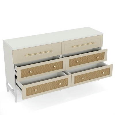 Resenkos Storage Dresser,Chest of Drawers,Modern 6 Drawer Dresser, 55" Rattan Storage Chest of Drawers White+Brown