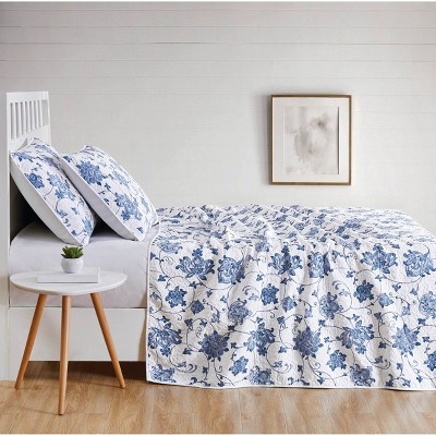 King Blue Cotton Reversible Floral Quilt Set