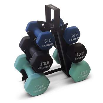 HolaHatha 5, 10, and 15 Pound Neoprene Dumbbell Free Hand Weight Set with Storage Rack, Ideal for Home Gym Exercises to Gain Tone and Definition