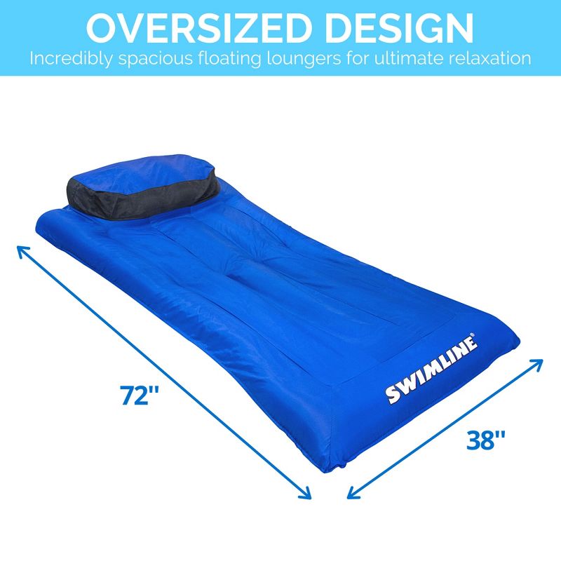 Swimline 9057 Oversized Fabric Covered 1 Person Swimming Pool Air Mattress Inflatable Floating Lounge Raft with Built-In Pillow, Blue, 5 of 7