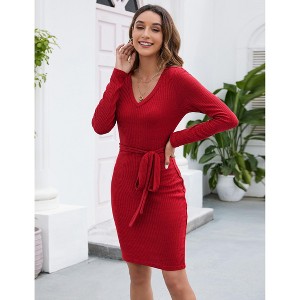 Women's 2025 Sweater Dress V Neck Long Sleeve Ribbed Knit Tie Waist Bodycon Slim Fit Mini Dresses - 1 of 4