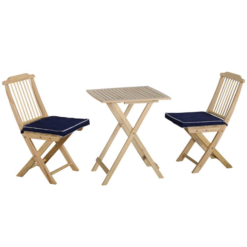 Outsunny 3 Pieces Patio Folding Bistro Set, Outdoor Pine Wood Table and Chairs Set with Tie-on Cushion & Square Coffee Table, Dark Blue, 4 of 7