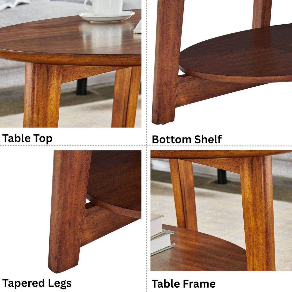 Monterey Oval Mid Century Modern Wood Coffee Table Chestnut: Tapered Legs, Floating Shelf - Alaterre Furniture - thumbnail 4