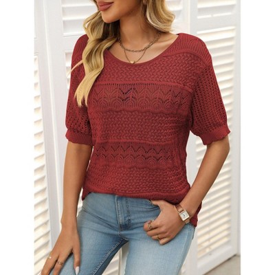 Womens Summer Tops Round Neck Lace Short Sleeve Casual Knit Top Blouse
