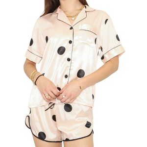 Anna-Kaci Lounge Women's Polka Dot Satin Pajama Set with Short Sleeve Button Top and Drawstring Shorts - 1 of 4