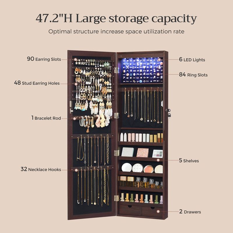 SONGMICS 6 LEDs Mirror Jewelry Cabinet, 47.2-Inch Tall Wall/Door Mounted Jewelry Armoire Organizer, 5 of 9