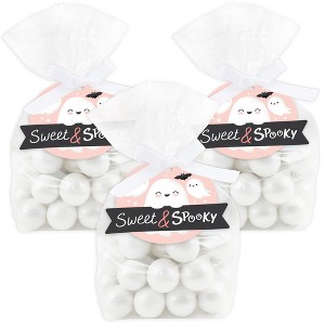 Big Dot of Happiness Pastel Halloween - Pink Pumpkin Party Clear Goodie Favor Bags - Treat Bags With Tags - Set of 12 - 1 of 4