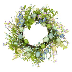 20" Artificial Blue Floral Spring Wreath with Pastel Eggs and Berries - National Tree Company - 1 of 3
