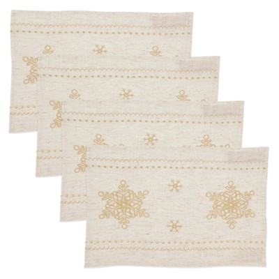 Elegant Beige Linen and Polyester Snowflake Embroidered Placemats, Set of 4