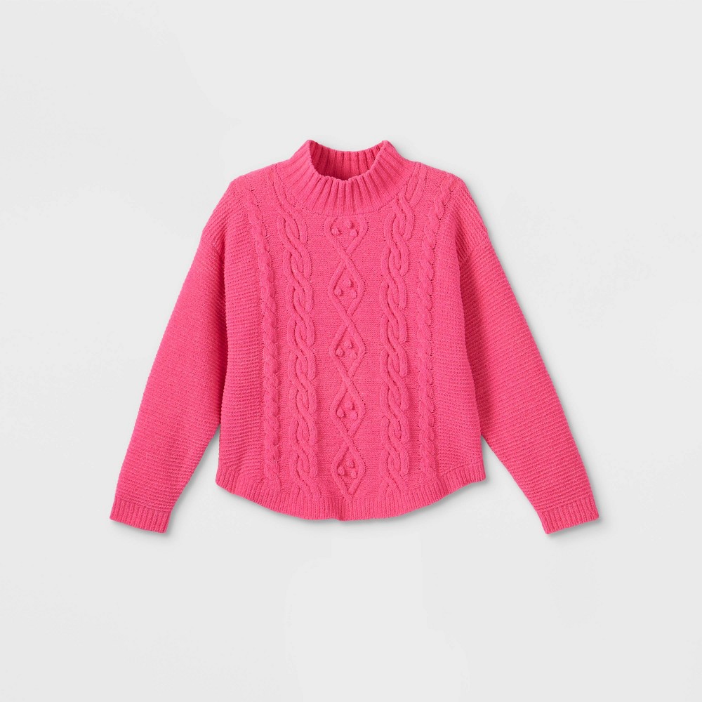 size xl Girls' Cable Knit Mock Neck Pullover Sweater - Cat & Jack Neon Pink 