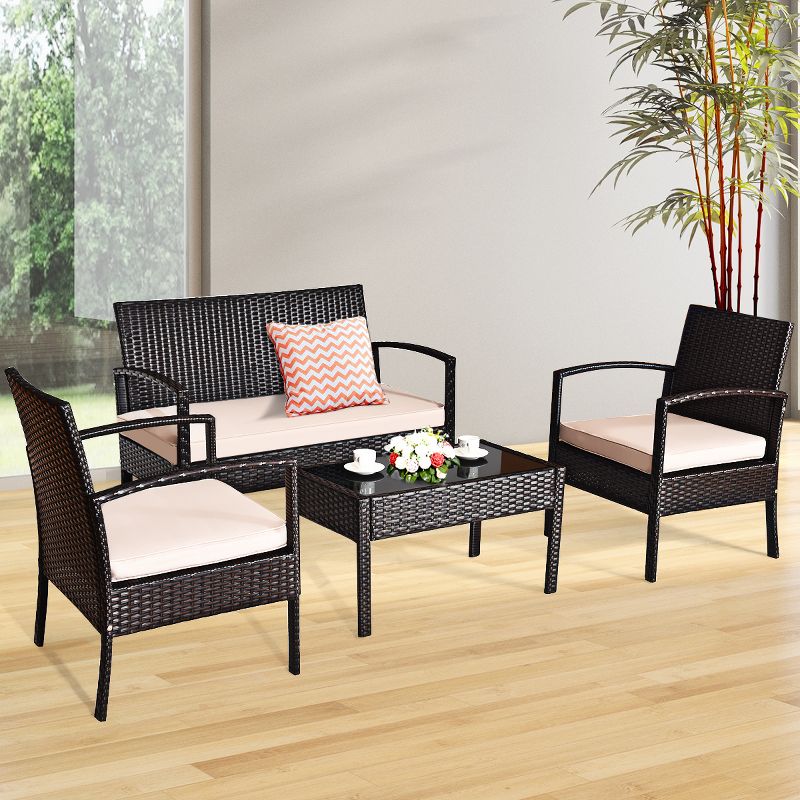 Costway 4PCS Patio Rattan Conversation Furniture Set Cushioned Seat Glass Table, 4 of 9