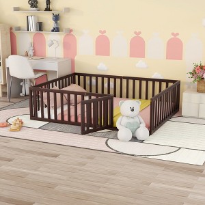 CAVINAS Queen Size Wood Montessori Bed,Modern Floor Bed Frame with Safety Fence and Door,Toddler Bed for Bedroom,Walnut - 1 of 4