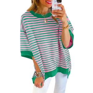 Imily Bela Womens Summer Oversized Striped Cotton T Shirts Casual Half Sleeve Color Block Loose Crewneck Sweatshirts - 1 of 4