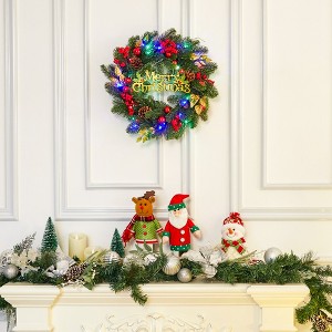 18 Inch Christmas Wreath, Merry Christmas Pre-Lit Lighted Artificial Wreath with Pine Cones Red Berries for Front Door Holiday Decorations - 1 of 4