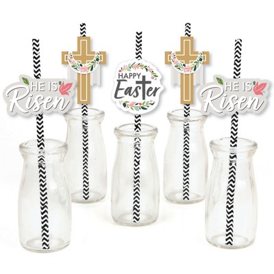 Big Dot of Happiness Religious Easter - Paper Straw Decor - Christian Holiday Party Striped Decorative Straws - Set of 24