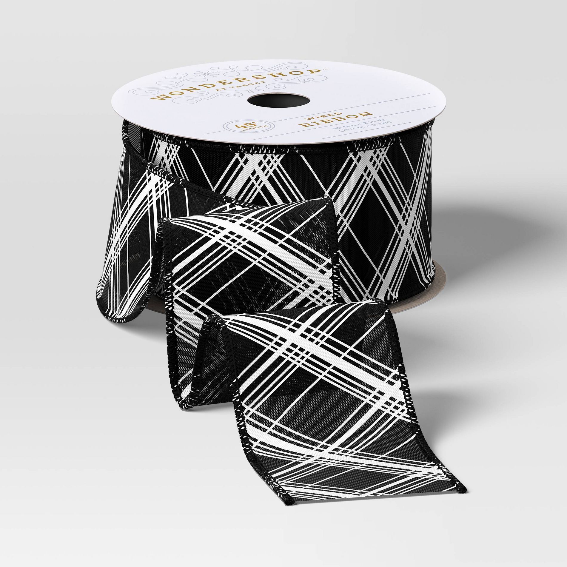 45' Christmas Fabric Ribbon Black White Plaid - Wondershop™