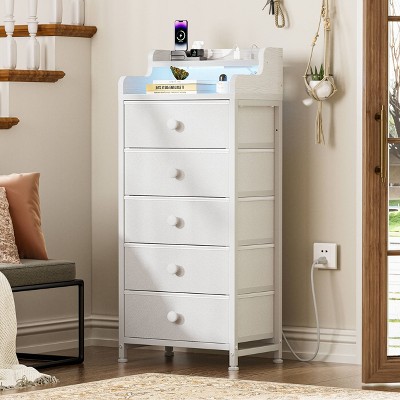 WOWLIVE 5 Drawer Dresser With 2-Tier Open Shelf, Dresser With Power Outlet & LED