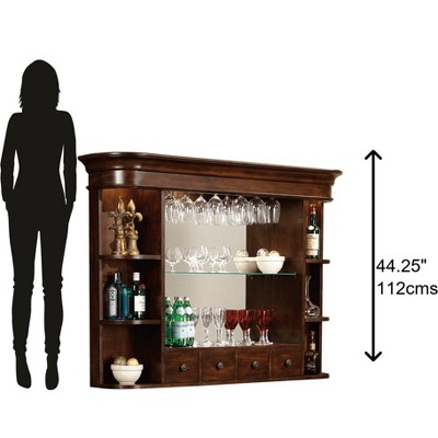 Rustic Cherry Wall Bar Hutch with Glass Shelves and Lighting