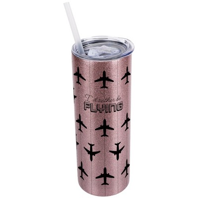 Elanze Designs Bubblegum Pink 20 Ounce Double Wall Stainless Steel Glitter Travel Tumbler With Sliding Lid And Straw, I'd Rather Be Flying