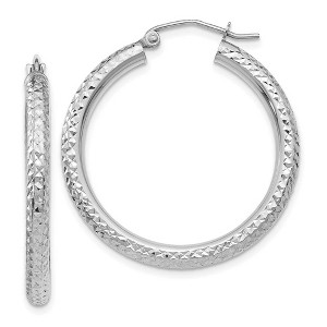 Black Bow Jewelry 3mm x 30mm, 14k White Gold, Diamond-cut Round Hoop Earrings - 1 of 4