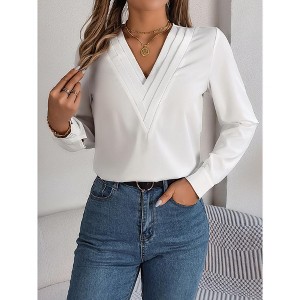 Womens Top Shirts Elegant Layered V Neck Long Sleeve Blouse - 1 of 4