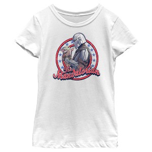 Girl's Star Wars: The Mandalorian Fourth of July Grogu and Mando Frame T-Shirt - 1 of 4