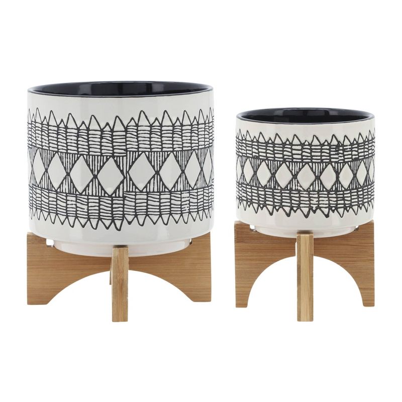 Set of 2 Geometric Ceramic Planters on Wooden Stand Gray - Sagebrook Home, 3 of 11