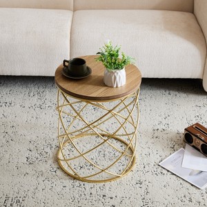 KTMBDW Small Round Sofa Side Table, Gold End Table, Contemporary Side Table Bedside Coffee Table for Living Room, Bedroom, Nursery, Natural & Gold - 1 of 4