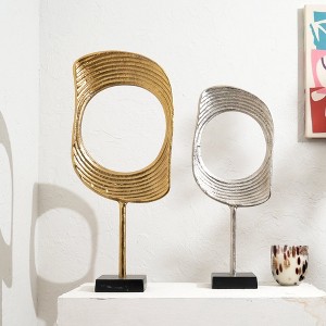 Gold & Nickel Aluminum Ring Sculptures with Black Base – Set of 2 (23" & 21" H) - 1 of 4