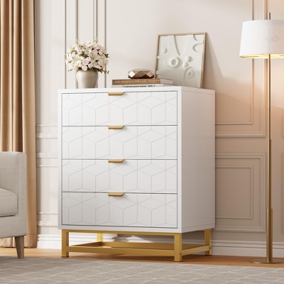 Dresser, 4 Drawer Dresser for Bedroom, Wood Chest of Drawers, Modern Dressers with Gold Metal Handles for Living Room, Hallway, Entryway